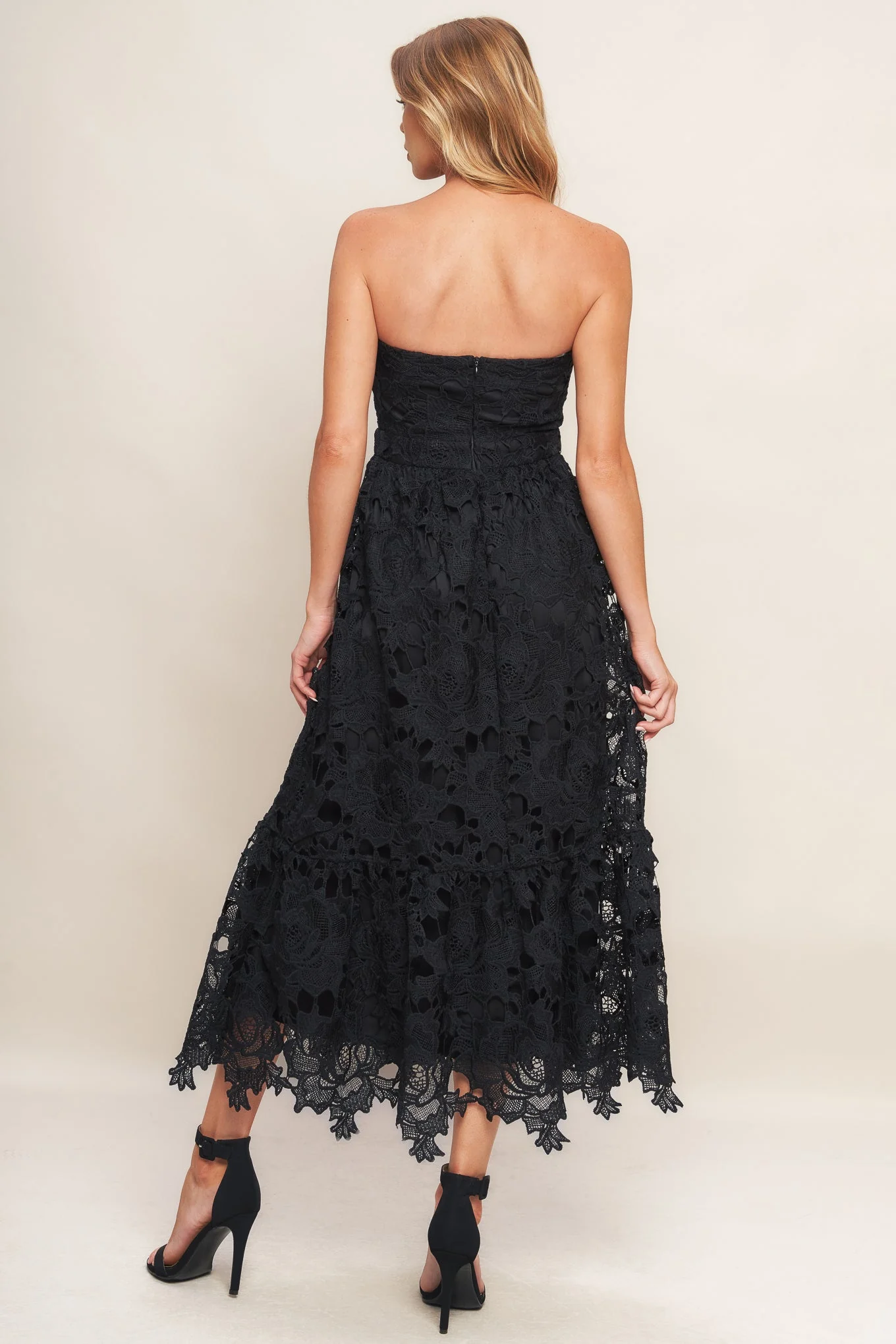 CAREFREE NIGHTS LACE MIDI DRESS - BLACK - Image 3