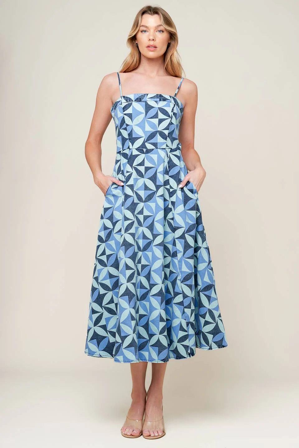 GWENNY - GEOMETRIC BLUE DENIM MIDI DRESS