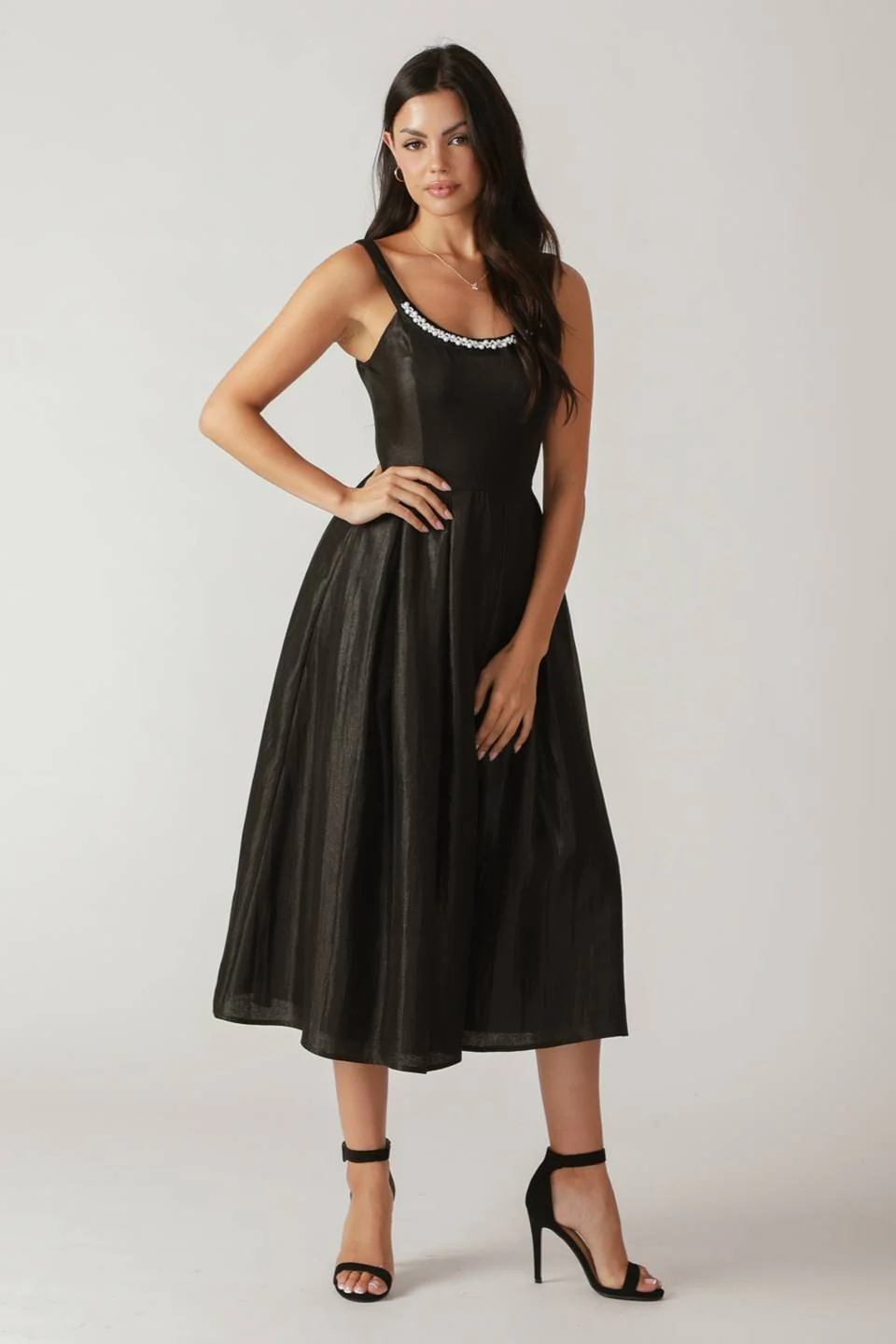 PEARL TRIM BLACK SATIN MIDI DRESS - Image 5