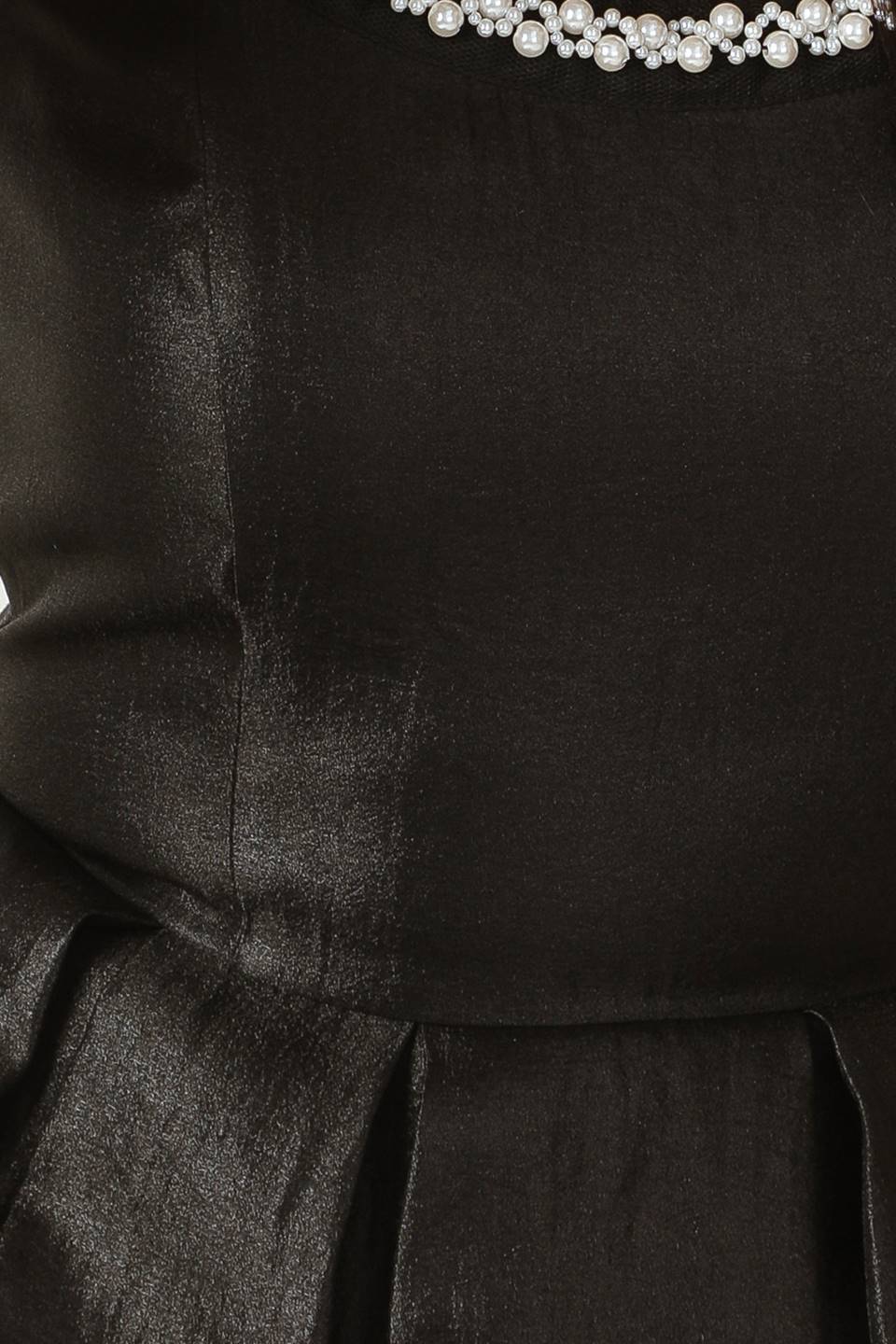 PEARL TRIM BLACK SATIN MIDI DRESS - Image 9