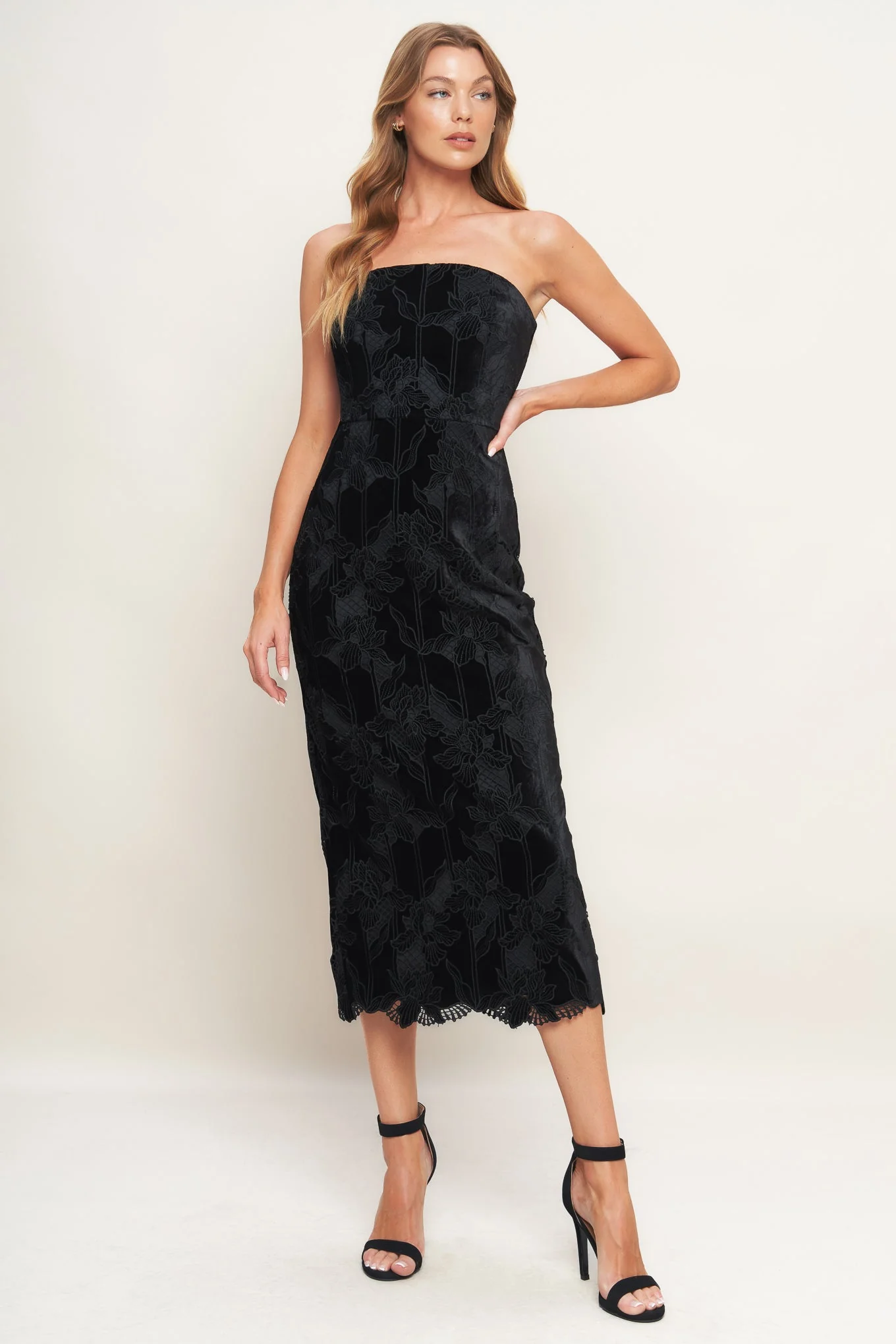 TEMPTATION BLACK VELVET LACE MIDI DRESS